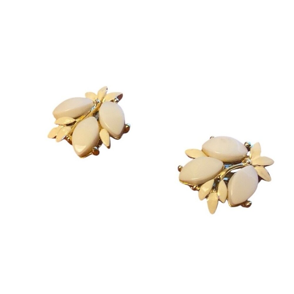 Vtg CHAREL 2 Tone Thermoset Gold Tone Leaf Spray Clip-On Earrings 1945-1980